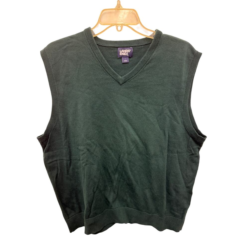 Lands End Men's L green V Neck Sleeveless Sweater Vest cotton preppy sleeveless